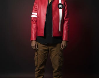 Red Sci-Fi Hero Faux Leather Biker Jacket | Futuristic Alien Style Cosplay & Streetwear for Men