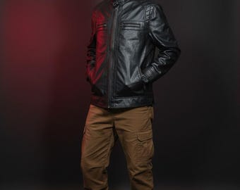 Diamond classic Men's Genuine  Lambskin Leather Biker Jacket: Slim Fit, Vintage Black