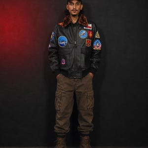 Men's Faux Leather Bomber Jacket with Fur Collar Retro Aviator Style Flight Jacket, Patchwork Design