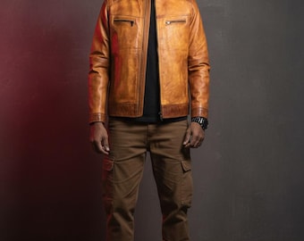 Men's Distressed Brown Leather Bomber - Handmade Genuine Sheepskin Jacket - Vintage Aviator Style - Rugged Leather Coat