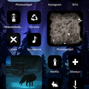 Puede incluir: Una pantalla de inicio de teléfono inteligente con un tema oscuro e iconos blancos. Los iconos de aplicaciones incluyen YouTube, TikTok, Instagram y Netflix. Los widgets personalizados muestran un paisaje nevado, un mapa y un lobo. La hora es 2:24.