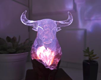 Handmade Resin Bull Lamp: Wood Grain RGB LED Lighting. A gift for a loved one.