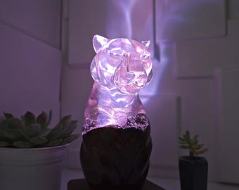 Handcrafted Resin Tiger Lamp: Wood Grain RGB LED Lighting