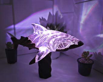 Hand Carved Burl Wood Shark Statue, Epoxy Resin, RGB LED