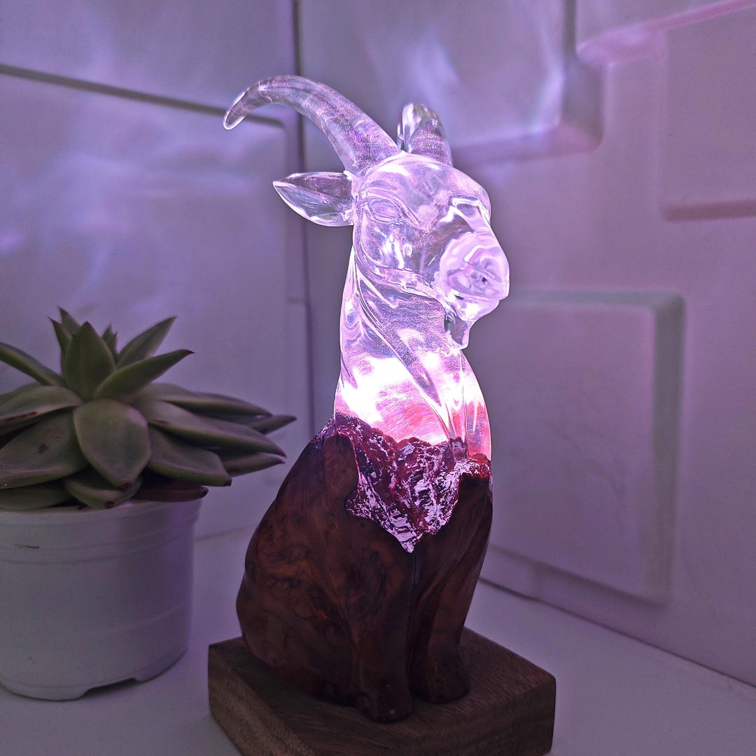 Handmade Resin Goat Lamp: Burl Wood & Decorative RGB LED Light. Gift ...