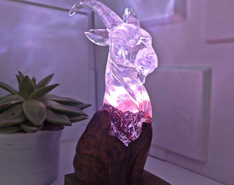 Handmade Resin goat Lamp: Burl Wood & Decorative RGB LED Light. Gift for Loved Ones
