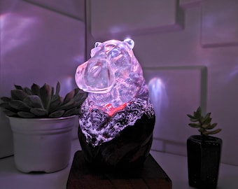 Handmade Hippo Lamp: Wood Grain Resin with RGB LED Lighting
