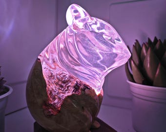 Handmade Hamster Resin Lamp: Burl Wood, RGB LED Light. A gift for a loved one.