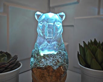 Handmade Abstract Bear Resin Lamp: Burl Wood RGB LED Light