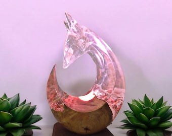 Handmade Fox Resin Lamp: Burl Wood & Decorative RGB LED Light. Gift for loved ones