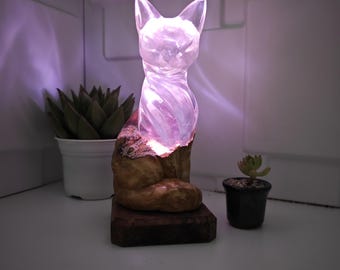 Hand Carved Wood Cat Statue with RGB LED, Farmhouse Decor. A gift for a loved one.