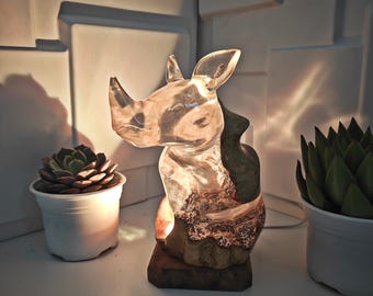 Handmade Abstract Rhino Resin Lamp: Burl Wood RGB LED Light