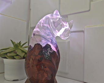 Handmade rhino Resin Lamp: Burl Wood, RGB LED Light. A gift for a loved one.