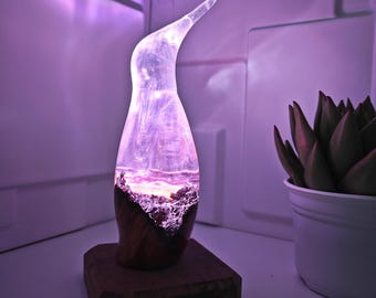 Handmade Resin Penguin Lamp: Burl Wood & Decorative RGB LED Light. Gift for Loved Ones