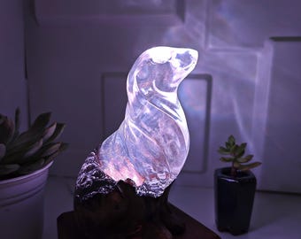 Statue Handmade Resin Seal Lamp: Wood Grain RGB LED Lighting