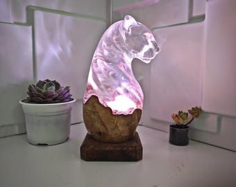 Handmade Burl Wood Leopard Lamp: Abstract Resin RGB LED Light. A gift for a loved one.