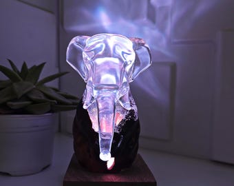 Handmade Resin elephant Lamp: Burl Wood & Decorative RGB LED Light. Gift for Loved Ones