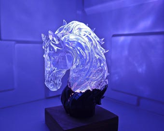 Handcrafted Horse Lamp: Resin, Wood Grain, RGB LED Decor