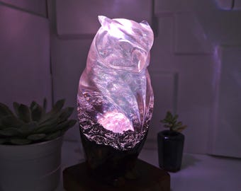 Handmade Resin Owl Lamp: Wood Grain RGB LED Decorative Light