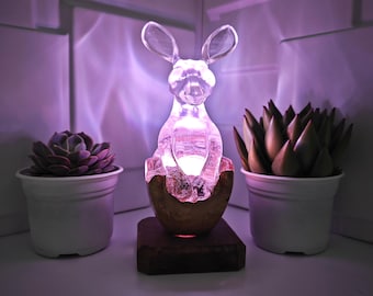Handmade Resin Kangaroo Lamp: Burl Wood & RGB LED Light