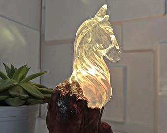 Handmade Resin horse Lamp: Burl Wood & Decorative RGB LED Light. Gift for Loved Ones