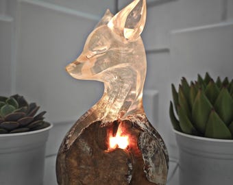 Handmade Abstract Fox Lamp: Burl Wood Resin with RGB LED Light
