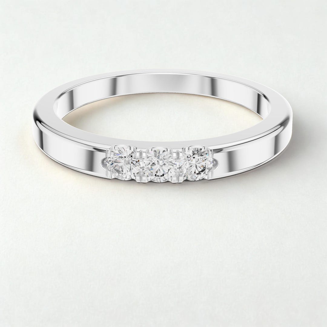 Three Stone Round Cut Lab Grown Diamond Band, Yellow Gold Trilogy Ring ...