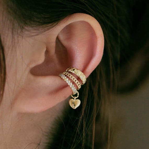 Dangle Earrings Heart Cuff Earring Stunning !! Elegant Triple Layer Heart  Dangle Ear Cuff Gold No