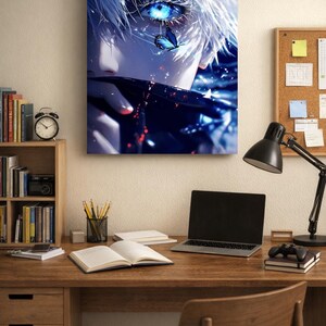 May include: A rectangular wall art print featuring a close-up illustration of a character with white hair and a glowing, intense blue eye. A small, vibrant blue butterfly rests near the eye, surrounded by floating light particles and dark tones.