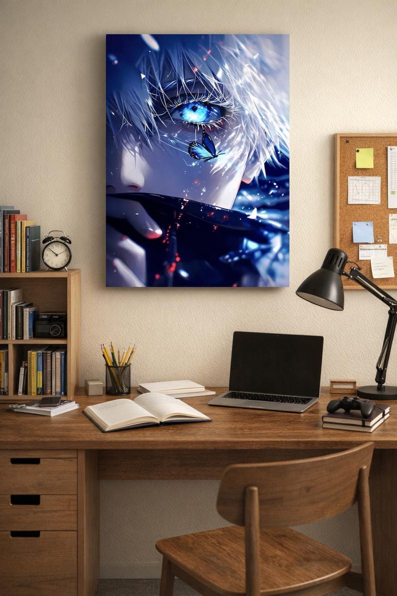 May include: A rectangular wall art print featuring a close-up illustration of a character with white hair and a glowing, intense blue eye. A small, vibrant blue butterfly rests near the eye, surrounded by floating light particles and dark tones.