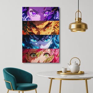 May include: A rectangular wall art print featuring four stacked horizontal panels, each displaying a close-up of anime-style eyes. The top panel shows purple eyes, the second orange, the third blue, and the bottom panel features green eyes.