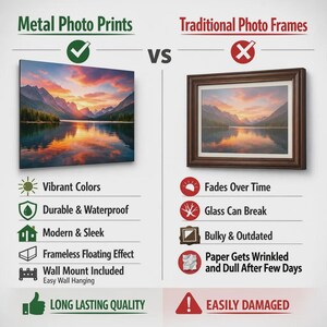 May include: A comparison chart showing Metal Photo Prints versus Traditional Photo Frames. The left side features a landscape photo of a lake at sunset on a frameless metal panel. The right side shows the same photo in a dark brown wooden frame.