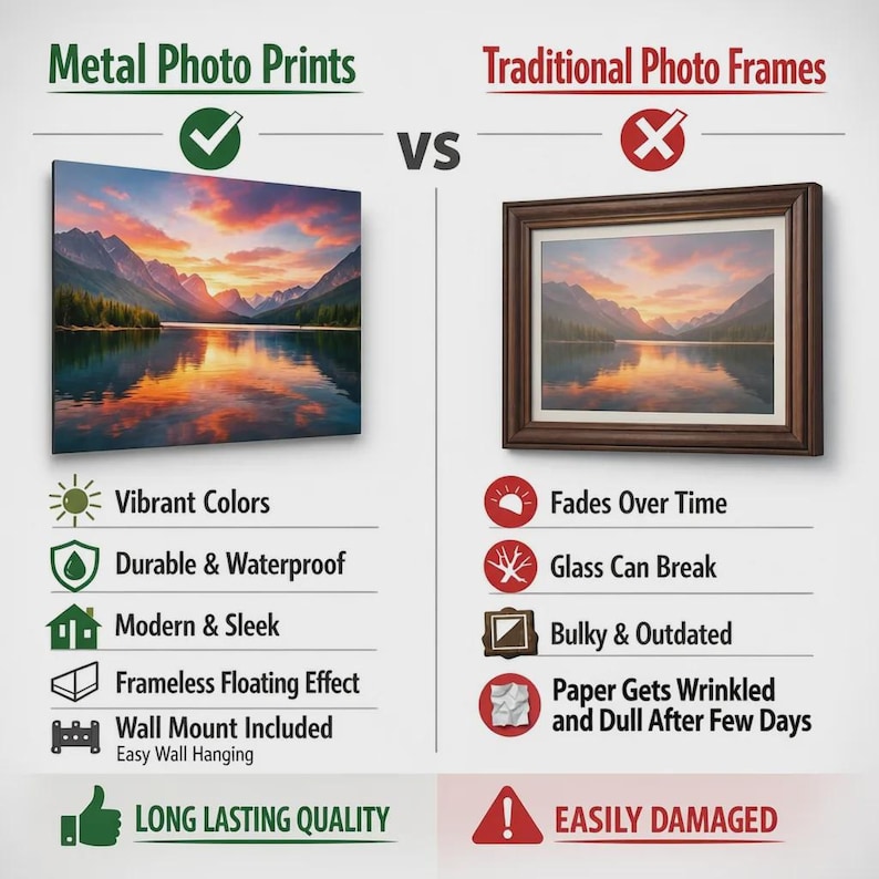 May include: A comparison chart showing Metal Photo Prints versus Traditional Photo Frames. The left side features a landscape photo of a lake at sunset on a frameless metal panel. The right side shows the same photo in a dark brown wooden frame.
