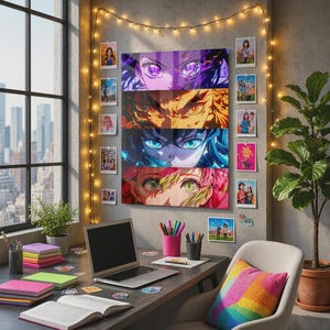 May include: A rectangular wall art print featuring four horizontal panels of anime-style eyes in purple, orange, blue, and pink hues. The artwork is displayed on a wall surrounded by string lights and small square photographs, positioned above a desk.