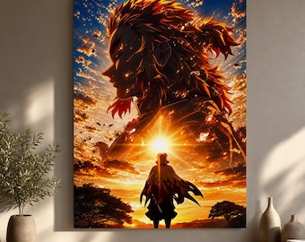 Rengoku Inspired Metal Print, Demon Slayer Anime Wall Art, Flame Hashira Artwork