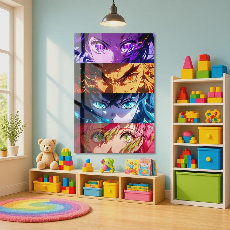 May include: A vertical wall art print featuring four stacked anime-style character eye close-ups in purple, orange, blue, and pink color palettes. The artwork is displayed in a room with a teddy bear, colorful toy blocks, and a white storage shelf.