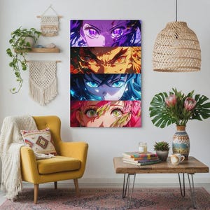 May include: A rectangular wall art print featuring four stacked horizontal panels, each displaying a close-up of anime-style eyes in distinct color palettes of purple, orange, blue, and pink, set against a white wall in a furnished room.