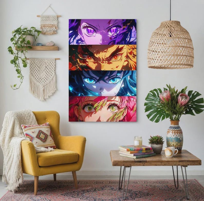 May include: A rectangular wall art print featuring four stacked horizontal panels, each displaying a close-up of anime-style eyes in distinct color palettes of purple, orange, blue, and pink, set against a white wall in a furnished room.