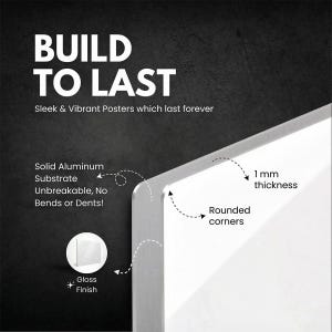 Puede incluir: P&oacute;ster blanco con esquinas redondeadas y acabado brillante, de 1 mm de grosor. El texto dice "BUILD TO LAST" y "Sleek & Vibrant Posters which last forever". Incluye un sustrato de aluminio s&oacute;lido, irrompible, sin dobleces ni abolladuras.