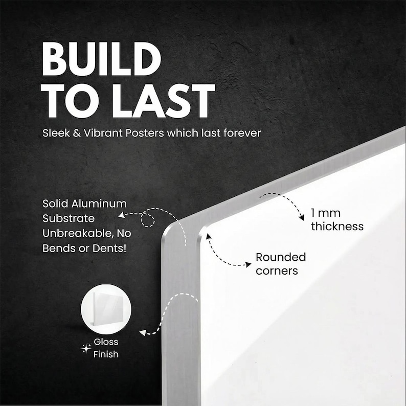 Puede incluir: P&oacute;ster blanco con esquinas redondeadas y acabado brillante, de 1 mm de grosor. El texto dice "BUILD TO LAST" y "Sleek & Vibrant Posters which last forever". Incluye un sustrato de aluminio s&oacute;lido, irrompible, sin dobleces ni abolladuras.