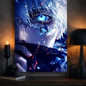 May include: A rectangular wall art print featuring a close-up illustration of a character with white hair and a glowing, intense blue eye. A small blue butterfly rests near the eye, and the character holds a dark fabric over the lower face.
