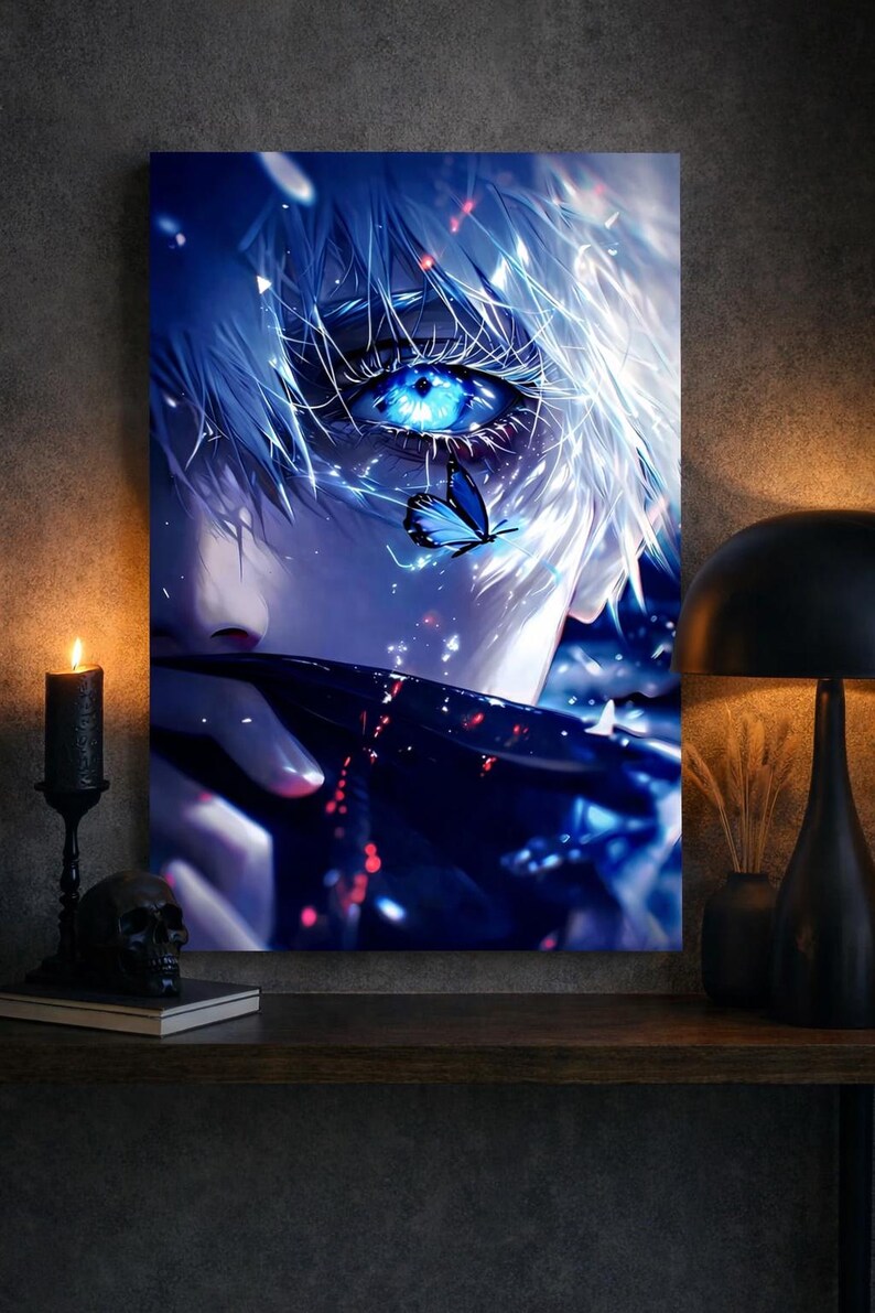 May include: A rectangular wall art print featuring a close-up illustration of a character with white hair and a glowing, intense blue eye. A small blue butterfly rests near the eye, and the character holds a dark fabric over the lower face.