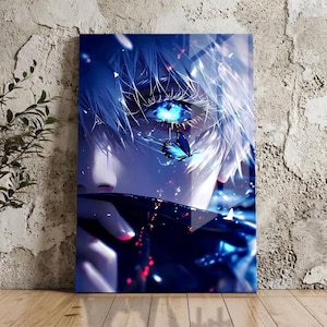 Premium anime metal print featuring a glowing blue eye with a blue butterfly on a high-quality 1mm aluminum panel