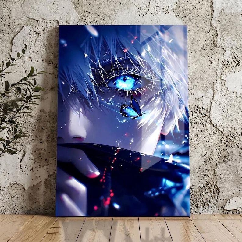 Premium anime metal print featuring a glowing blue eye with a blue butterfly on a high-quality 1mm aluminum panel