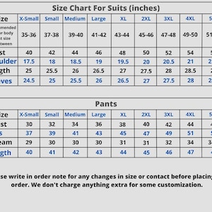 May include: A suit and trouser size chart displaying measurements in inches. Sizes range from X-Small to 5XL, with details for chest, shoulder, length, sleeves, waist, hips, inseam, and length. The text at the bottom advises on customisation options.