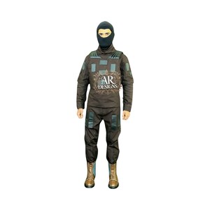 May include: A brown tactical suit with a black balaclava. The suit has multiple pockets and patches, with the text "AR DESIGNS" on the chest. The boots are brown and tan.