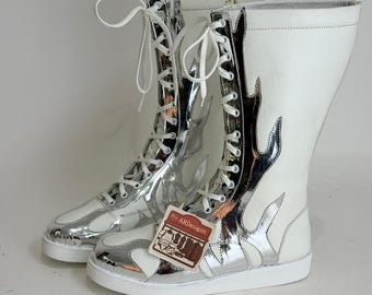 Handmade Leather Wrestling Boots, White & Silver Cosplay Shoes, Stage Performance Costume , Tall Authentic