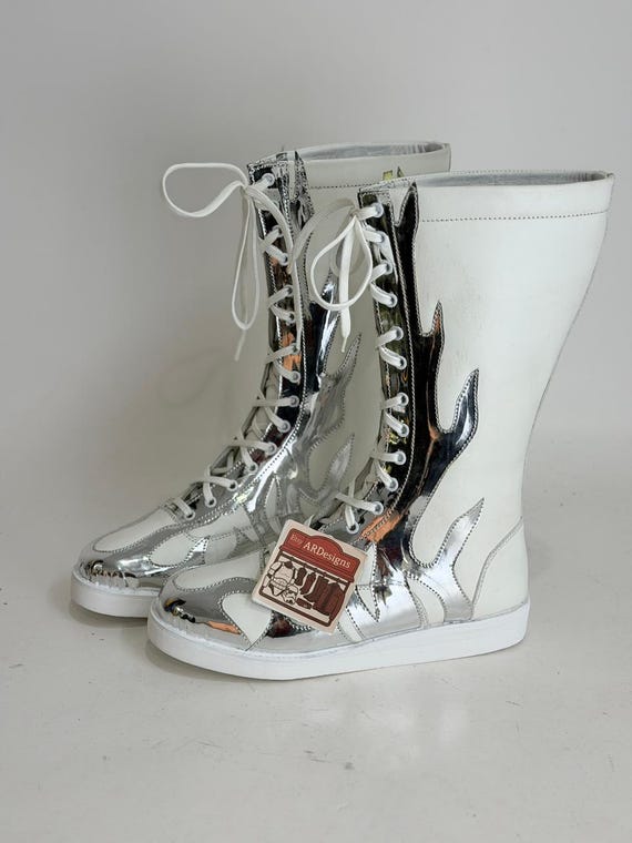 Handmade Leather Wrestling Boots, White & Silver Cosplay Shoes, Stage Performance Costume , Tall Authentic