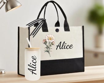 Personalized Birth Flower Tote Bag,Custom Floral Name Tote Bag for Her,Bachelorette Party Bag,Bridesmaid Tote Bag,Bridesmaid Gifts