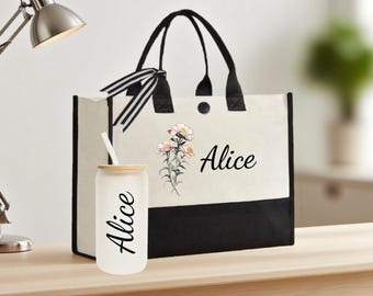 Personalized Birth Flower Tote Bag,Custom Floral Name Tote Bag for Her,Bachelorette Party Bag,Bridesmaid Tote Bag,Bridesmaid Gifts